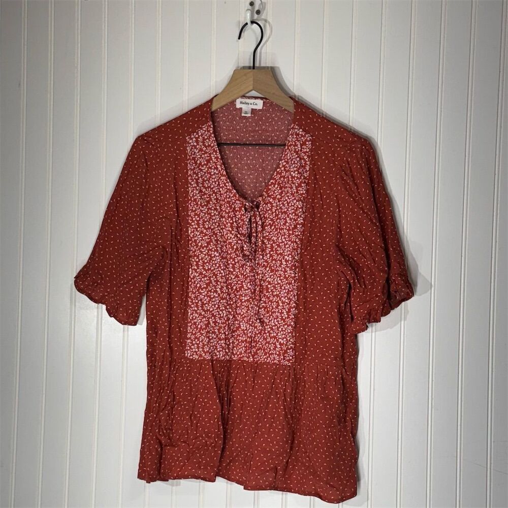 Hailey‎ & Co. Rust Red Floral Boho Peasant Top M Tencel Rayon Blend Cottagecore